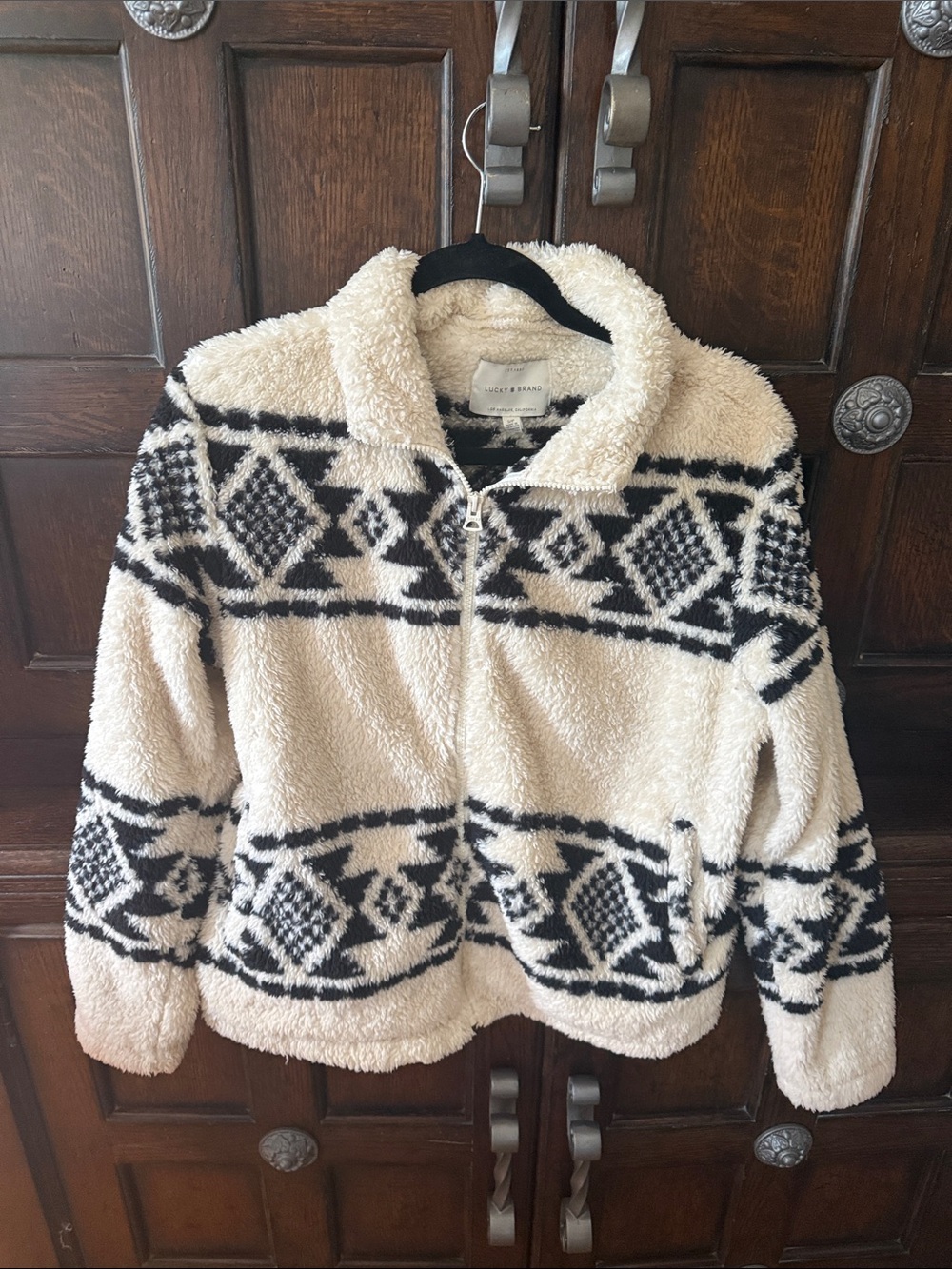 Lucky Brand Cream Sherpa Zip Jacket with Black Pattern